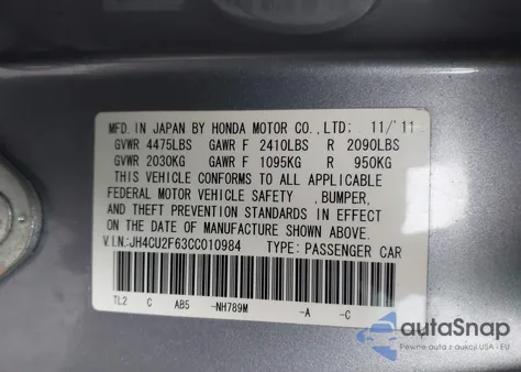 2012 Acura Tsx 2.4 z USA, uszkodzony, nr VIN JH4CU2F63CC010984